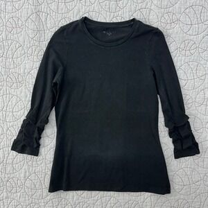 E.L.I. Peru Top Black Ruffle Tiered 3/4 Sleeve Crew Neck / Women's XS